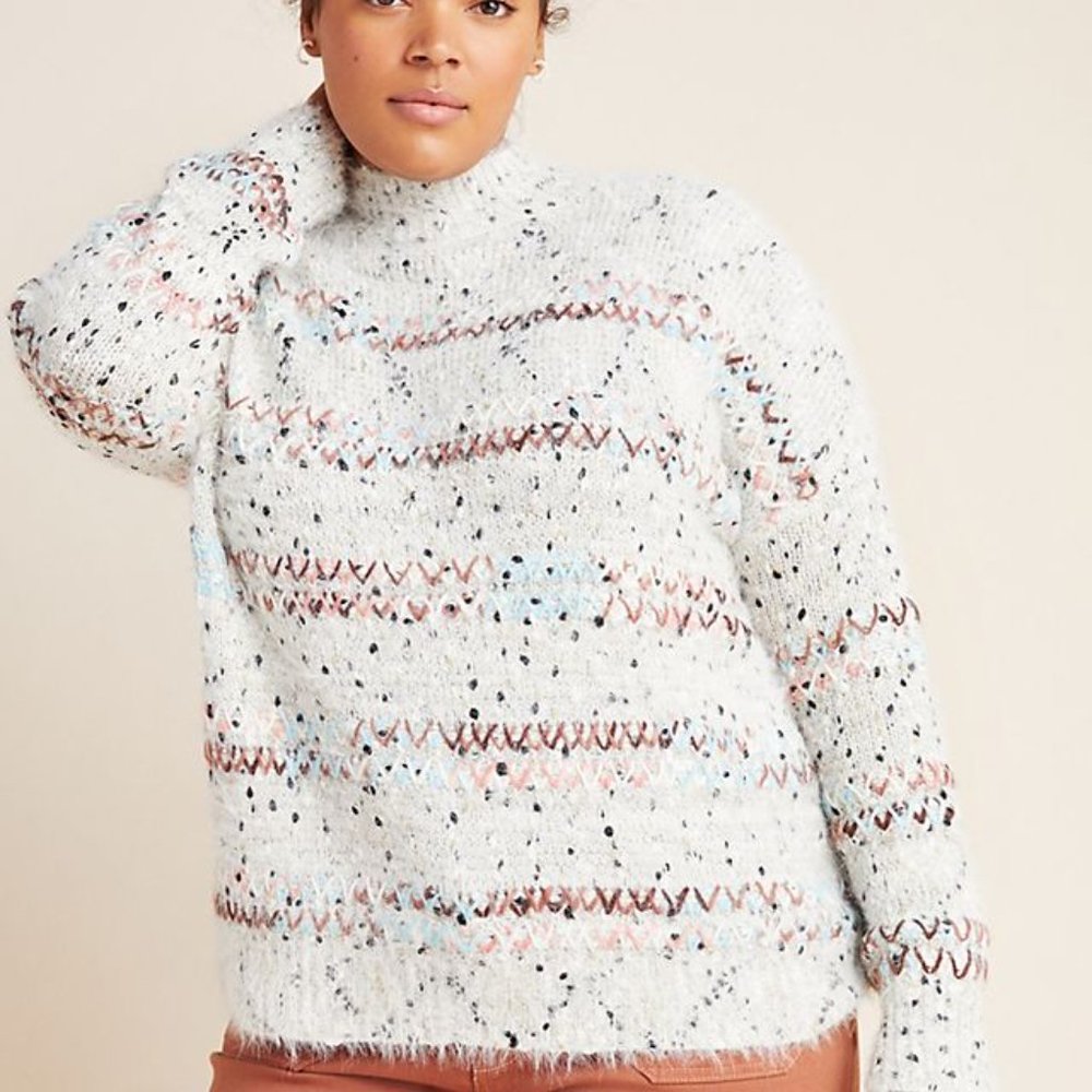 Anthropologie White and Pink Patterned Sweater